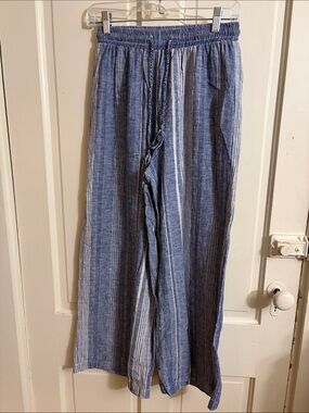 ATHENA MARIE Striped Blue Cropped Wide-Leg Pants with Drawstring